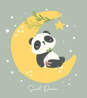 förtjusande tecknad serie panda barnkammare konst. söt hand dragen illustration av en bebis panda sovande på en halvmåne. vektor