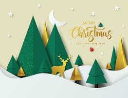 glad jul och Lycklig ny år hälsning kort med illustration. grön och gyllene kombination. vektor