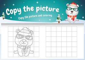 Kopieren Sie das Bild Kinderspiel und die Malvorlage mit einem süßen Eisbären im Weihnachtskostüm vektor