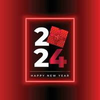 glücklich Neu Jahr 2024 Hintergrund mit Neon- Rahmen und Geschenkbox Design vektor