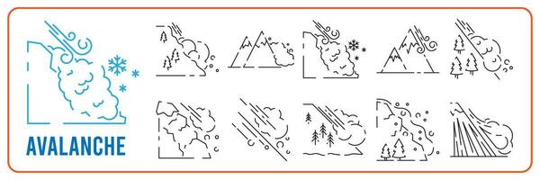 snö naturlig lavin eller snö glida katastrof linje ikon uppsättning. vinter- vektor vit bakgrund.