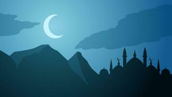 Moschee Silhouette im das Nacht mit Halbmond Mond. Ramadan Landschaft Design Grafik im Muslim Kultur und Islam Religion. Moschee Landschaft Vektor Illustration, Hintergrund oder Hintergrund