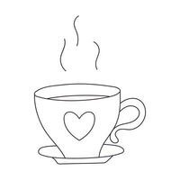 Hand gezeichnet Tasse von Tee. heiß trinken im Becher mit Herz. Gliederung Gekritzel Vektor schwarz und Weiß Illustration isoliert auf ein Weiß Hintergrund.