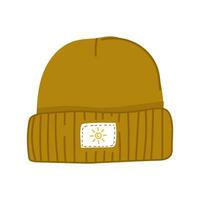 ett illustration av en klotter mössa hatt med en roligt bricka. söt vinter- huvudbonader. isolerat på vit. vektor