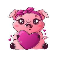 kawaii Schwein halten ein groß Herz. süß Tiere zum Valentinstag Tag. vektor