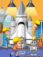 Szene mit Kindern, die gemeinsam ein Raumschiff reparieren vektor