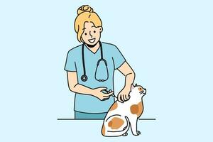 kvinna veterinär ympar katt till skydda sällskapsdjur från farlig virus och bakterie. leende flicka Arbetar som veterinär i djur- klinik och tar vård av kattunge i behöver av vaccination vektor