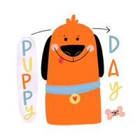 Netter orange Hund, der mit bunter Beschriftung herum lächelt vektor