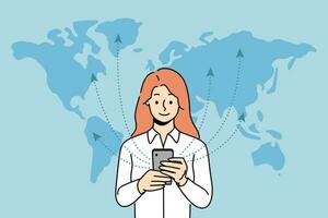 kvinna med telefon användningar 5g teknologi stående nära värld Karta och utbyte information med internationell servrar. flicka med smartphone är Beroende till surfing netto tack till snabb 5g förbindelse vektor
