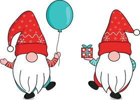 söt två Lycklig nisser i röd snöflingor santa klausul hatt stående på ett fot innehav gåva låda och flytande ballong. hälsning fira jul och ny år. vektor