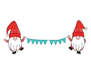 süß zwei Zwerge Tanzen im rot Santa Klausel Hut halten Dreieck Flaggen zusammen feiern Weihnachten und Neu Jahr. Vektor