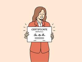 företag kvinna innehar certifikat bekräftande komplettering av professionell kurser och ytterligare utbildning. leende flicka gläds på tar emot certifikat efter godkänd företag Träning vektor