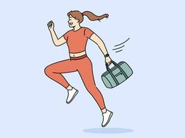 Laufen Frau im Sportbekleidung hält Tasche mit Fitness Artikel im Hand und eilt zu trainieren. Mädchen im Sport Uniform läuft zu Fitness Verein, wollen zu erhalten loswerden von Überschuss Gewicht wie bald wie möglich. vektor