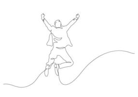 glücklich Geschäft Mann im Mitte Luft Springen erfolgreich und Freiheit kontinuierlich Linie Zeichnung vektor
