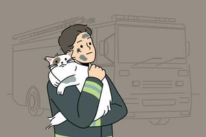 Mann Feuerwehrmann mit Katze heldenhaft gerettet von Verbrennung Haus steht in der Nähe von Feuer LKW und Umarmungen Haustier. mutig Kerl im Uniform von Feuerwehrmann oder Rettung Arbeiter geholfen Katze erhalten aus von Ärger vektor