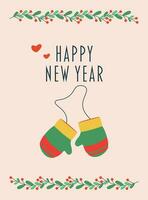vykort med text Lycklig ny år, handskar med ett elastisk band. vektor