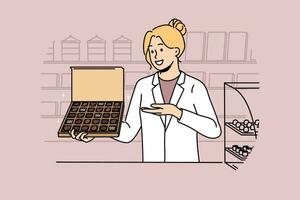 kvinna säljare med låda av choklad Arbetar i konfektyr Lagra och erbjudanden till köpa aptitlig efterrätt tillverkad från mjölk och kakao. flicka i vit täcka av säljare demonstrerar choklad med leende vektor