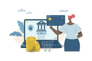 Laptop mit online Zahlung, Geschäftsfrau führt finanziell Transaktionen mit Bank elektronisch drahtlos. vektor