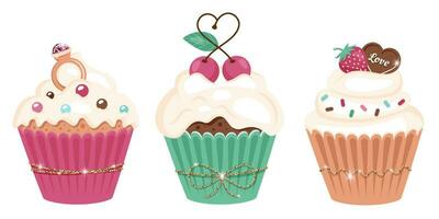 einstellen von festlich Süss Muffins mit verschiedene Glasur im Papier Tassen und funkeln Schleife. lecker Cupcakes mit Herz geformt Schokolade, Ring, Kirsche, Creme, bestreuen. romantisch und Hochzeit Konzept. Vektor