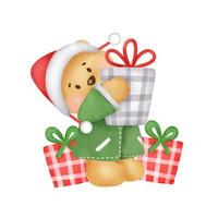 Weihnachts- und Neujahrsgrußkarte mit süßem Teddybär und Geschenkbox im Aquarellstil. vektor