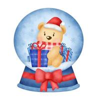 Weihnachts-Teddybär-Schneekugel im Aquarell-Stil für Grußkarten. vektor