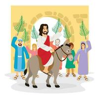 Jesus Christus tritt ein das Tore von das Stadt von jerusalem und ist begrüßt durch Bewohner mit ein Prozession von Palme Blätter, Illustration von Palme Sonntag während Ostern vektor