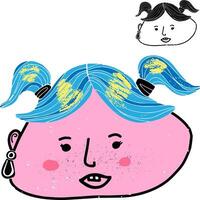 en tecknad serie flicka med blå hår och en rosa ansikte vektor