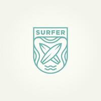 surfing minimalistisk linje konst bricka logotyp mall vektor illustration design. enkel modern surfare, vatten sport, surfingbräda emblem logotyp begrepp