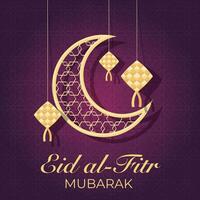 eid al-fitr mubarak hälsning kort med måne och lyktor vektor