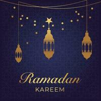 ramadan kareem hälsning kort med gyllene lyktor och stjärnor vektor