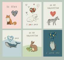 sex kort med djur och hjärtan hjärtans dag hälsning grafik uppsättning. vektor