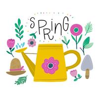 Nette Frühlingsblumen, Hut, Gießkanne zur Frühlings-Jahreszeit vektor