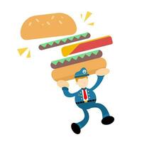 Lycklig sjöman kapten Marin och äta burger snabb mat tecknad serie klotter platt design stil vektor illustration