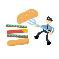 Lycklig polis officer och äta burger snabb mat tecknad serie klotter platt design stil vektor illustration