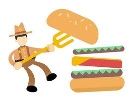 glücklich Amerika Cowboy und Essen Burger schnell Essen Karikatur Gekritzel eben Design Stil Vektor Illustration