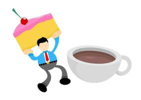 Geschäftsmann Arbeiter und Süss Kuchen trinken Kaffee Tasse Karikatur Gekritzel eben Design Stil Vektor Illustration