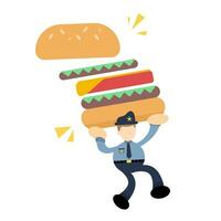 glücklich Polizei Offizier und Essen Burger schnell Essen Karikatur Gekritzel eben Design Stil Vektor Illustration