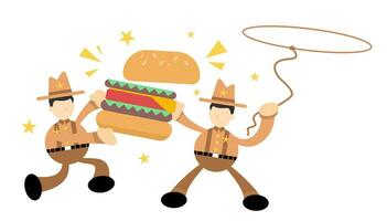 Lycklig Amerika cowboy och äta burger snabb mat tecknad serie klotter platt design stil vektor illustration