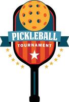 Pickleball Turnier Logo mit Schläger und Ball. im das Mitte von das Schläger ist das Titel Schleife. es können Sein benutzt zum Pickleball Vereine, Turniere und usw. vektor
