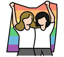 zwei Frauen halten Regenbogen Flagge. vektor