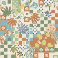 tropisch Motiv Blume und Blätter auf Schachbrett Hintergrund nahtlos Muster vektor