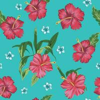 färgrik tropisk sömlös mönster med hand dragen hibiskus blomma och löv vektor