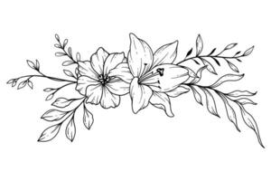 vild linje teckning. svart och vit blommig buketter. blomma färg sida. blommig linje konst. bra linje vild illustration. hand dragen blommor. botanisk färg. bröllop inbjudan blommor vektor