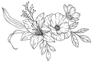 Wildblumen Linie Zeichnung. schwarz und Weiß Blumen- Blumensträuße. Blume Färbung Buchseite. Blumen- Linie Kunst. fein Linie Wildblumen Illustration. Hand gezeichnet Blumen. botanisch Färbung. Hochzeit Einladung Blumen vektor