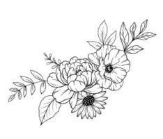 vild linje teckning. svart och vit blommig buketter. blomma färg sida. blommig linje konst. bra linje vild illustration. hand dragen blommor. botanisk färg. bröllop inbjudan blommor vektor