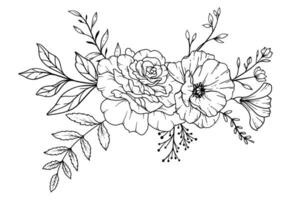 Wildblumen Linie Zeichnung. schwarz und Weiß Blumen- Blumensträuße. Blume Färbung Buchseite. Blumen- Linie Kunst. fein Linie Wildblumen Illustration. Hand gezeichnet Blumen. botanisch Färbung. Hochzeit Einladung Blumen vektor