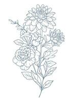 vild linje teckning. svart och vit blommig buketter. blomma färg sida. blommig linje konst. bra linje vild illustration. hand dragen blommor. botanisk färg. bröllop inbjudan blommor vektor