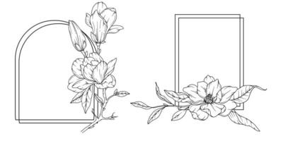 Magnolie Linie Zeichnung. schwarz und Weiß Blumen- Rahmen. Blumen- Linie Kunst. fein Linie Magnolie Illustration. Hand gezeichnet Gliederung Blumen. botanisch Färbung Buchseite. Hochzeit Einladung Blumen vektor