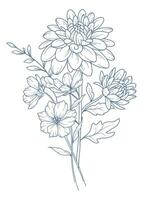 vild linje teckning. svart och vit blommig buketter. blomma färg sida. blommig linje konst. bra linje vild illustration. hand dragen blommor. botanisk färg. bröllop inbjudan blommor vektor