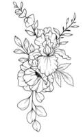 vild linje teckning. svart och vit blommig buketter. blomma färg sida. blommig linje konst. bra linje vild illustration. hand dragen blommor. botanisk färg. bröllop inbjudan blommor vektor